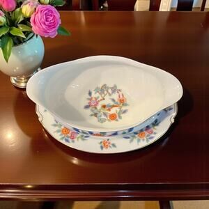 Narumi Japan Double Spout Sauce Boat-Attached Underplate-Floral Bird-Gravy-Asian